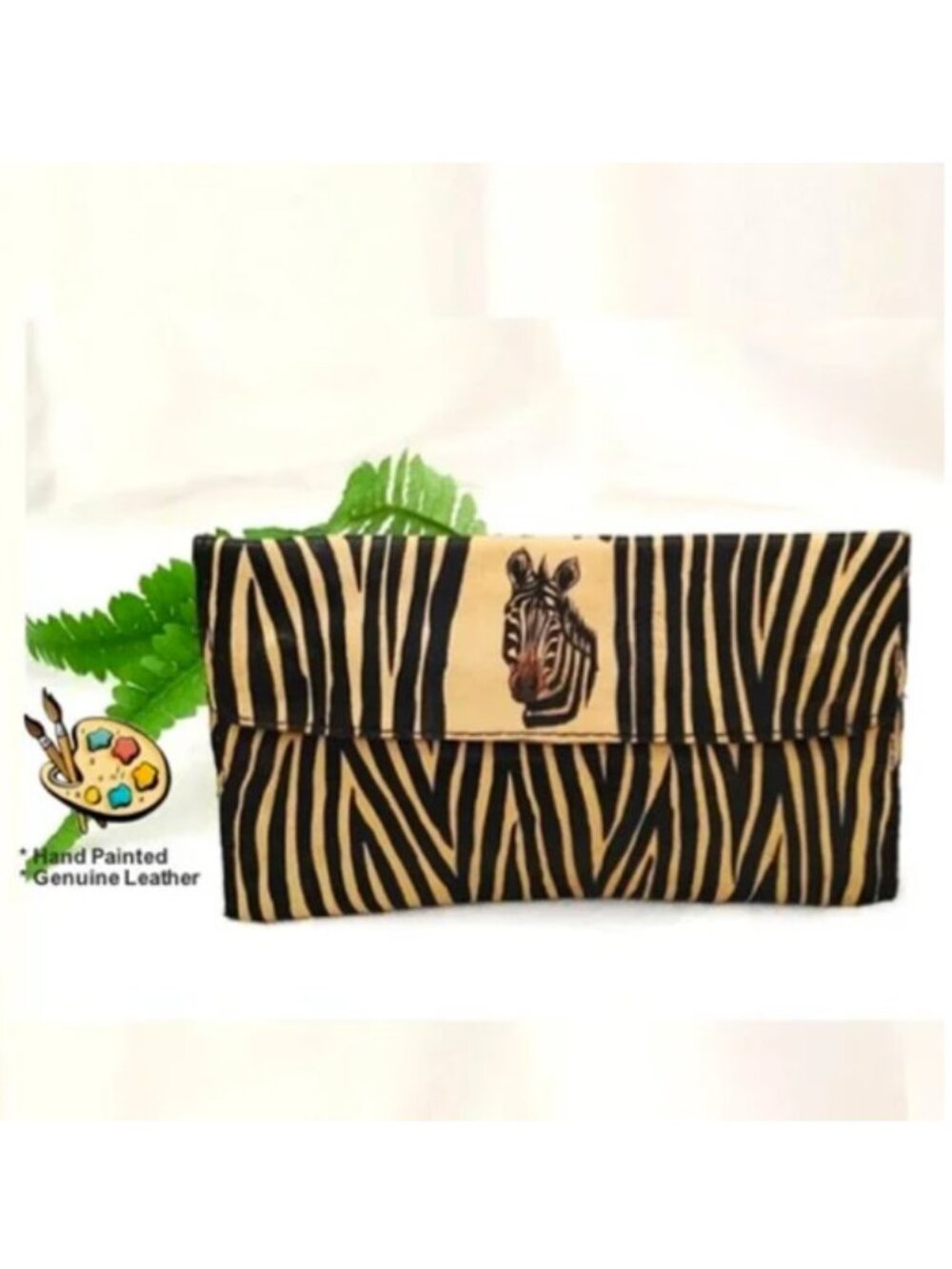 HAND PAINTED Zebra Animal Print Wallet Genuine Leather Tan Brown Black Bills Zip